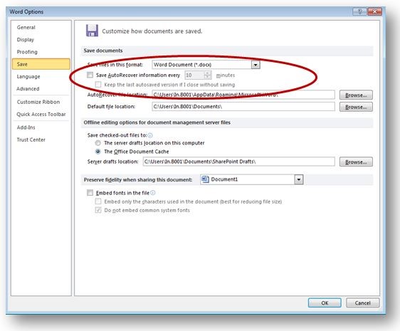 change autorecover file location word 2010