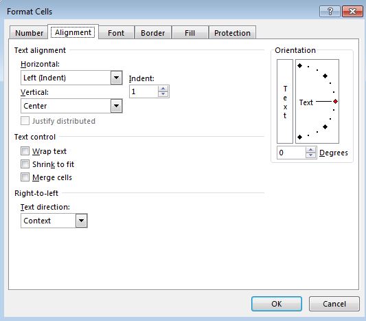 Excel indent text